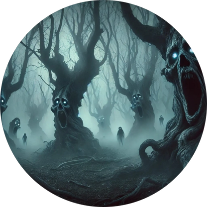 Verzweigte, geisterhafte Bäume in nebligem, unheimlichem Wald
