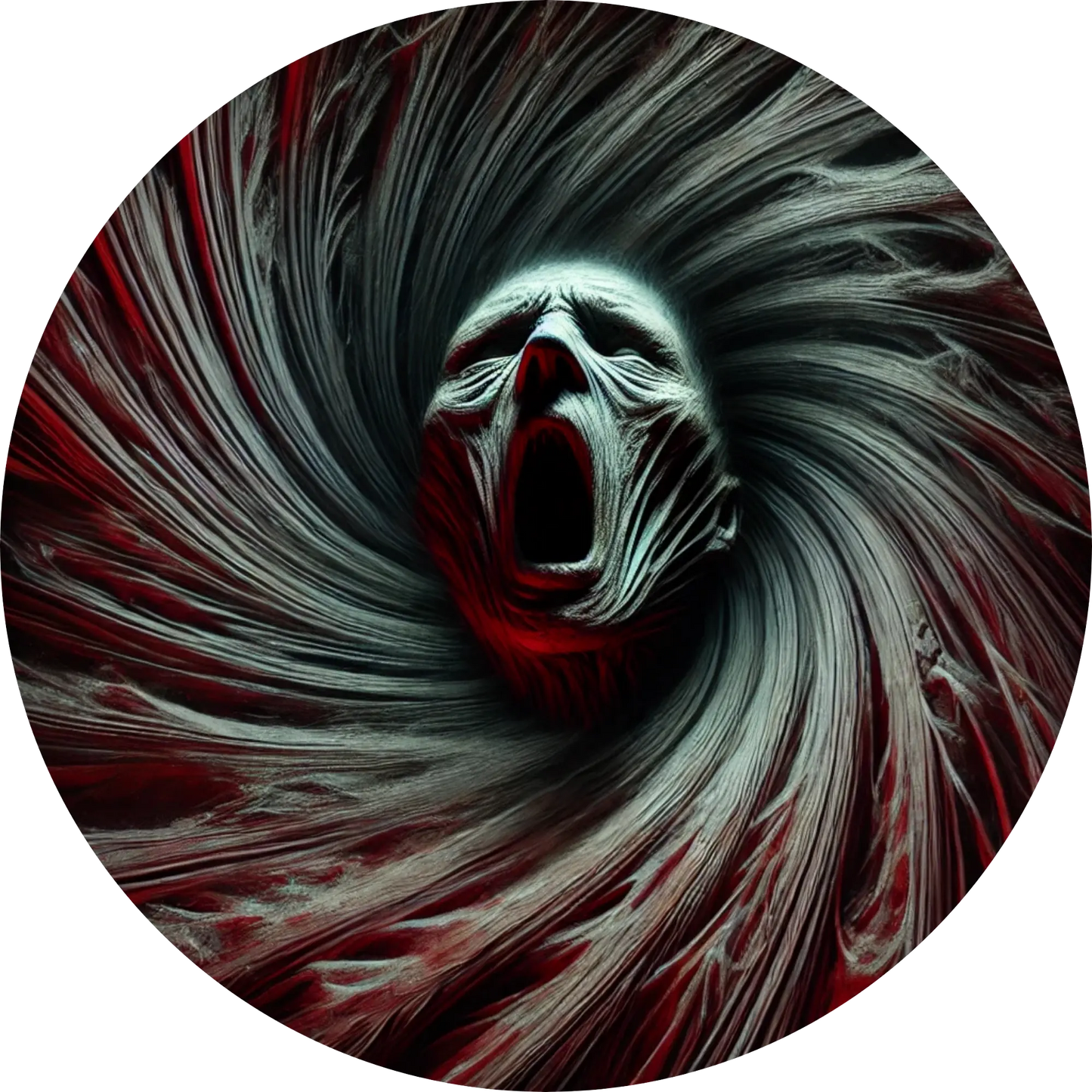 Wirbel aus langen Haaren mit gesichtsloser Kreatur im Zentrum