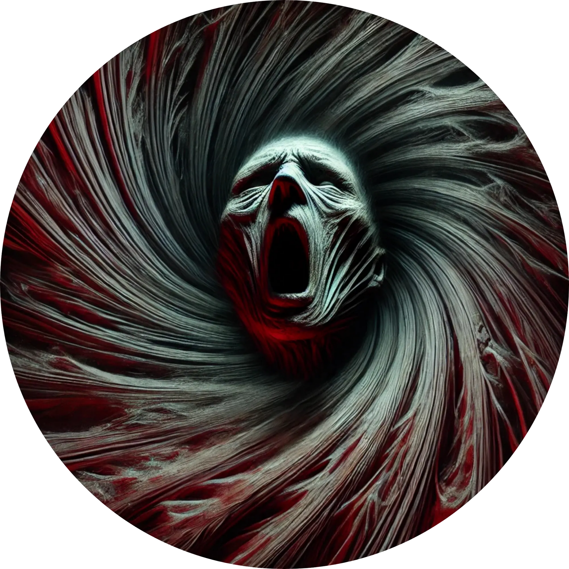 Wirbel aus langen Haaren mit gesichtsloser Kreatur im Zentrum