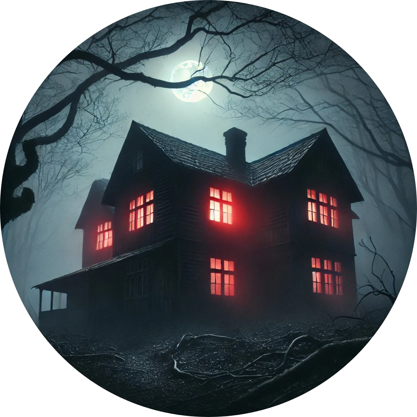 Verlassenes Haus mit roten Fenstern in gespenstischem Nebel