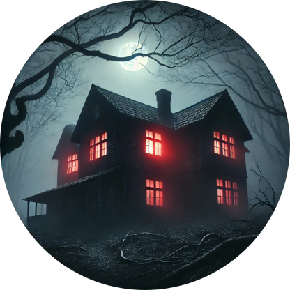 Verlassenes Haus mit roten Fenstern in gespenstischem Nebel