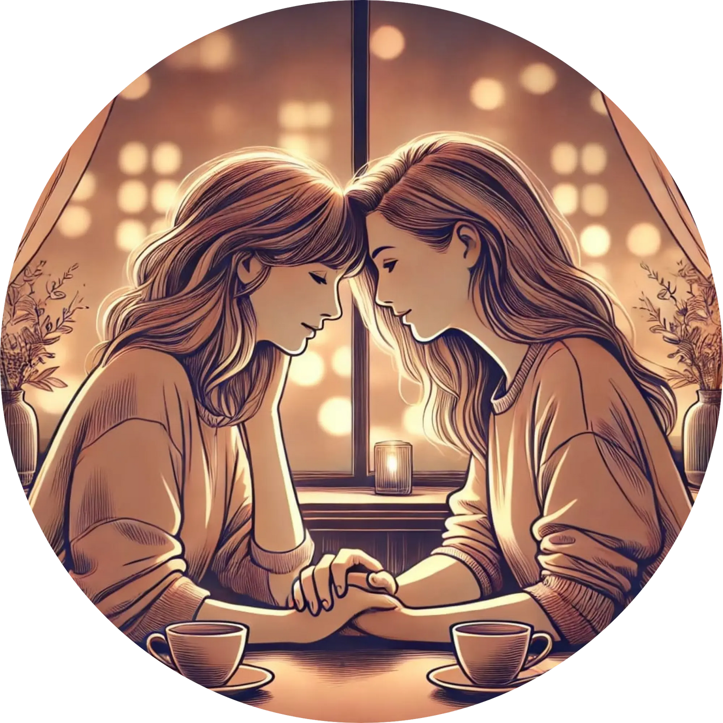 Intime Szene mit zwei Frauen im Café bei einem emotionalen Gespräch.