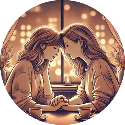 Intime Szene mit zwei Frauen im Café bei einem emotionalen Gespräch.