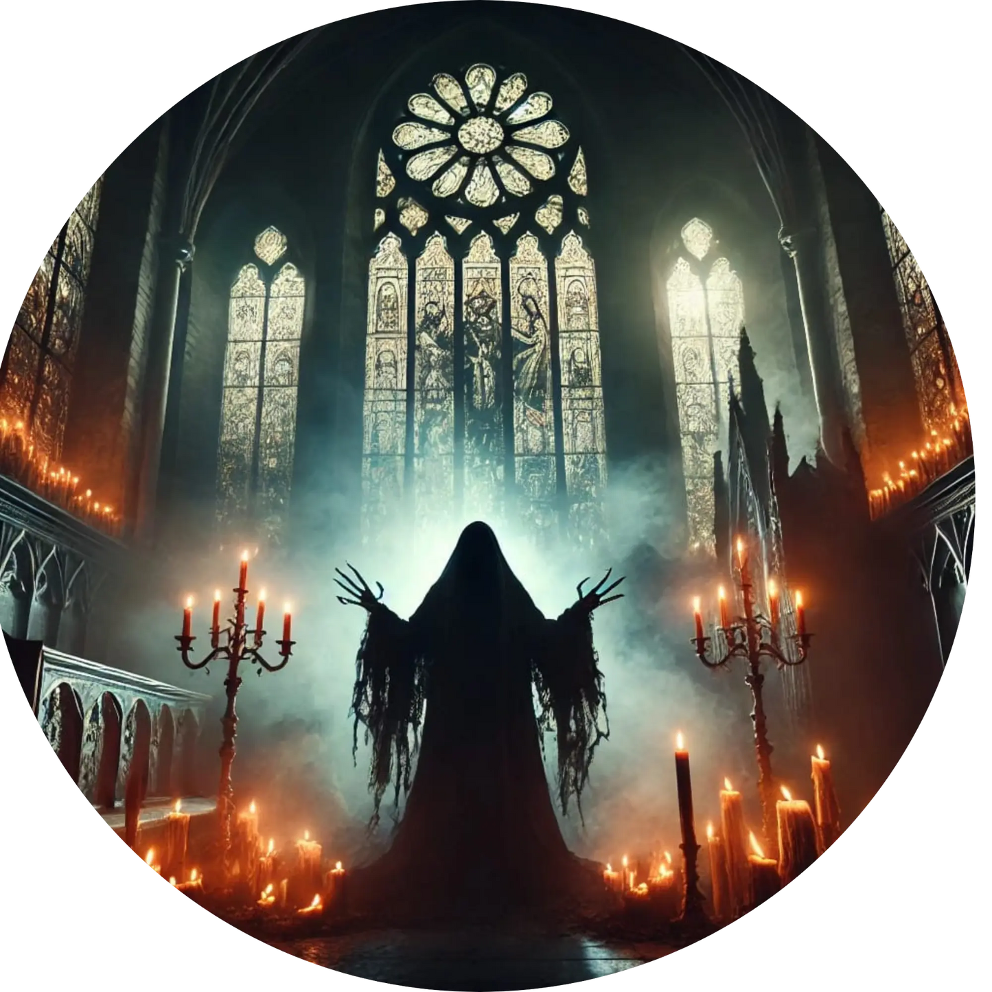 Schwarze Gestalt in gotischer Kathedrale mit leuchtenden Fenstern

