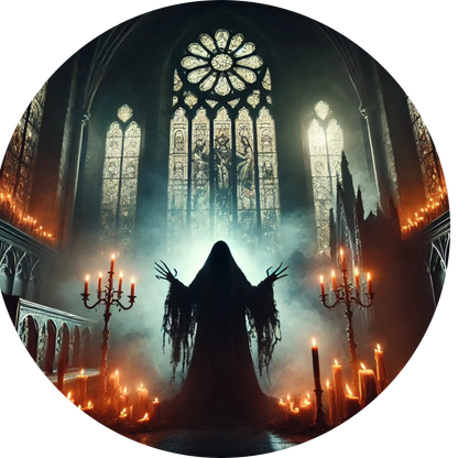 Schwarze Gestalt in gotischer Kathedrale mit leuchtenden Fenstern

