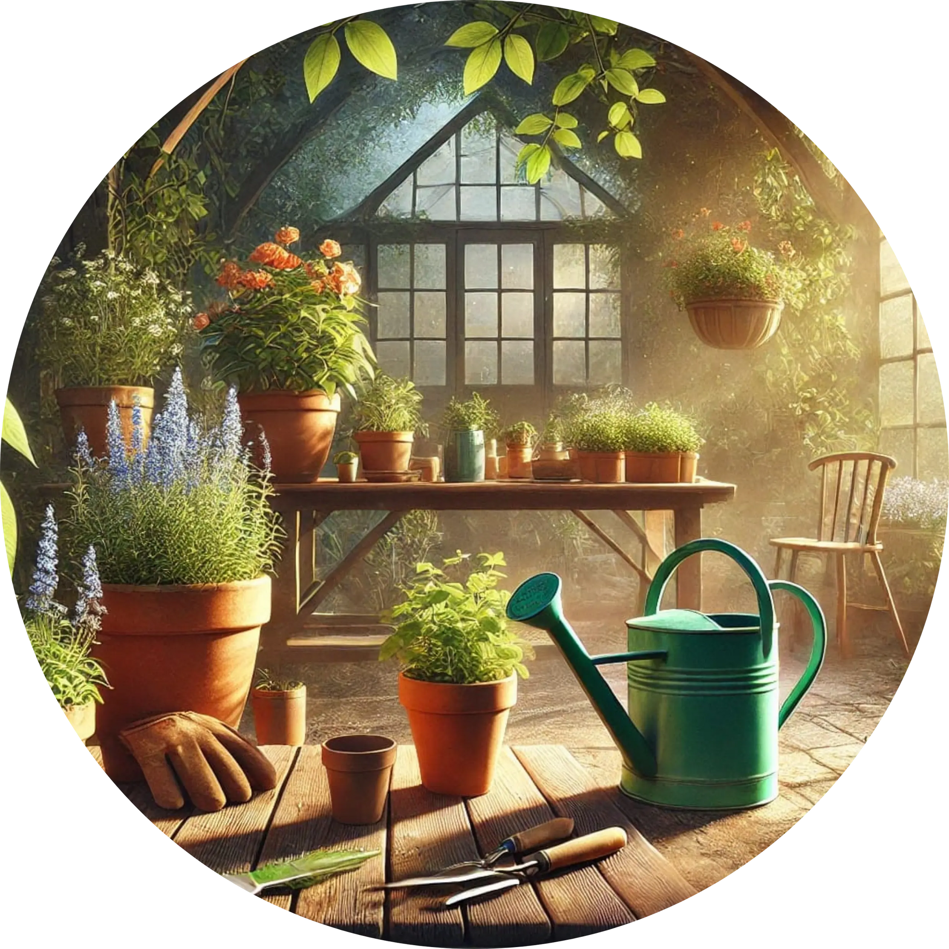 Gewächshaus mit Pflanzen, Blumentöpfen & Werkzeug
Lichtdurchflutetes Gewächshaus mit Setzlingen, Töpfen und Gartenutensilien – liebevoll illustriertes Motiv für Gartenleidenschaft.