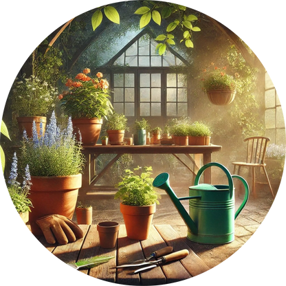 Gewächshaus mit Pflanzen, Blumentöpfen & Werkzeug
Lichtdurchflutetes Gewächshaus mit Setzlingen, Töpfen und Gartenutensilien – liebevoll illustriertes Motiv für Gartenleidenschaft.