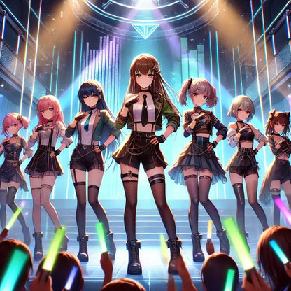 Eine bunte Girlgroup im Manga-Stil performt auf einer leuchtenden Bühne, begleitet von pink-blauen Lichtstrahlen und jubelndem Publikum.