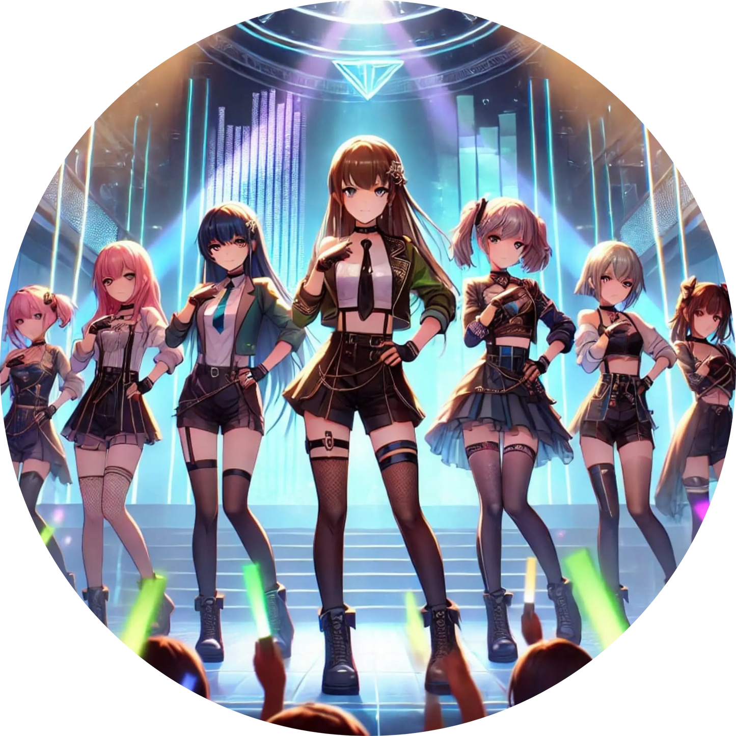 Große K-Pop-Girlgroup auf einer hell erleuchteten Bühne mit futuristischen Lichteffekten