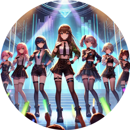 Große K-Pop-Girlgroup auf einer hell erleuchteten Bühne mit futuristischen Lichteffekten