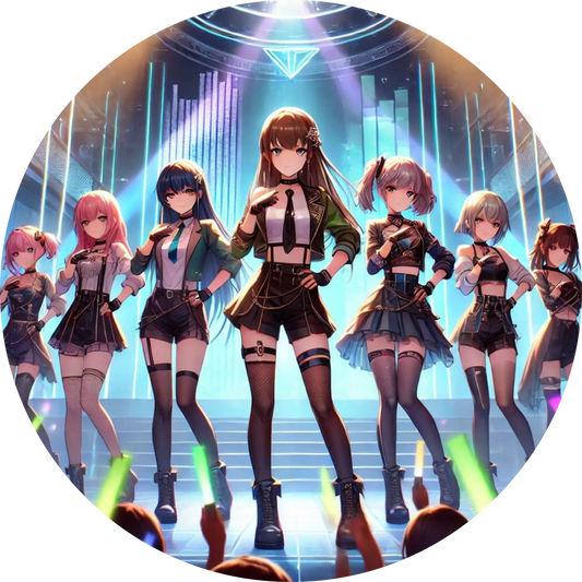 Große K-Pop-Girlgroup auf einer hell erleuchteten Bühne mit futuristischen Lichteffekten