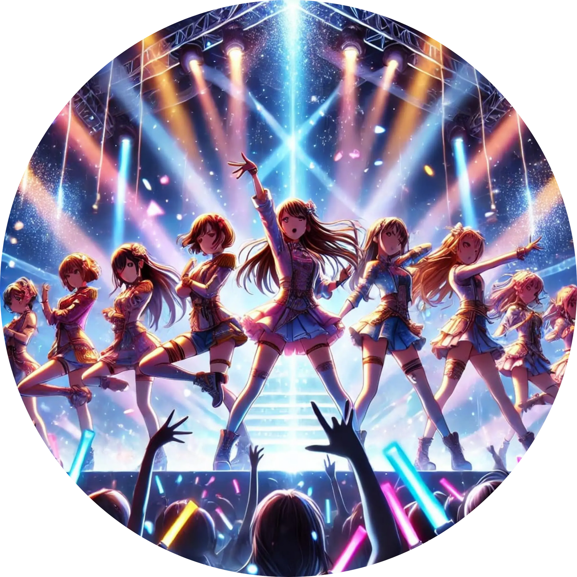 Girlgroup in synchronem Tanz auf grellbunter Konzertbühne mit Neonlicht