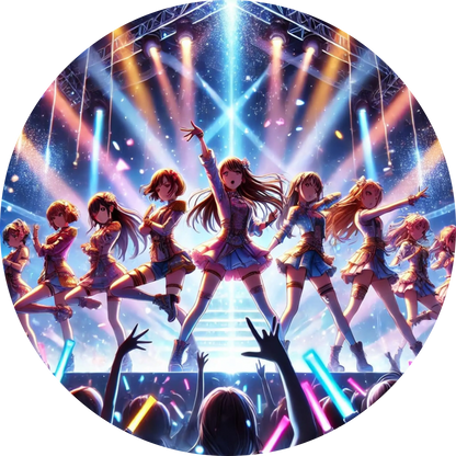 Girlgroup in synchronem Tanz auf grellbunter Konzertbühne mit Neonlicht