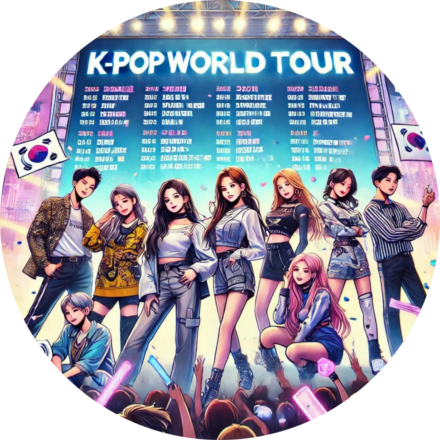 K-Pop World Tour Poster mit weiblicher Girlgroup in starken Posen

