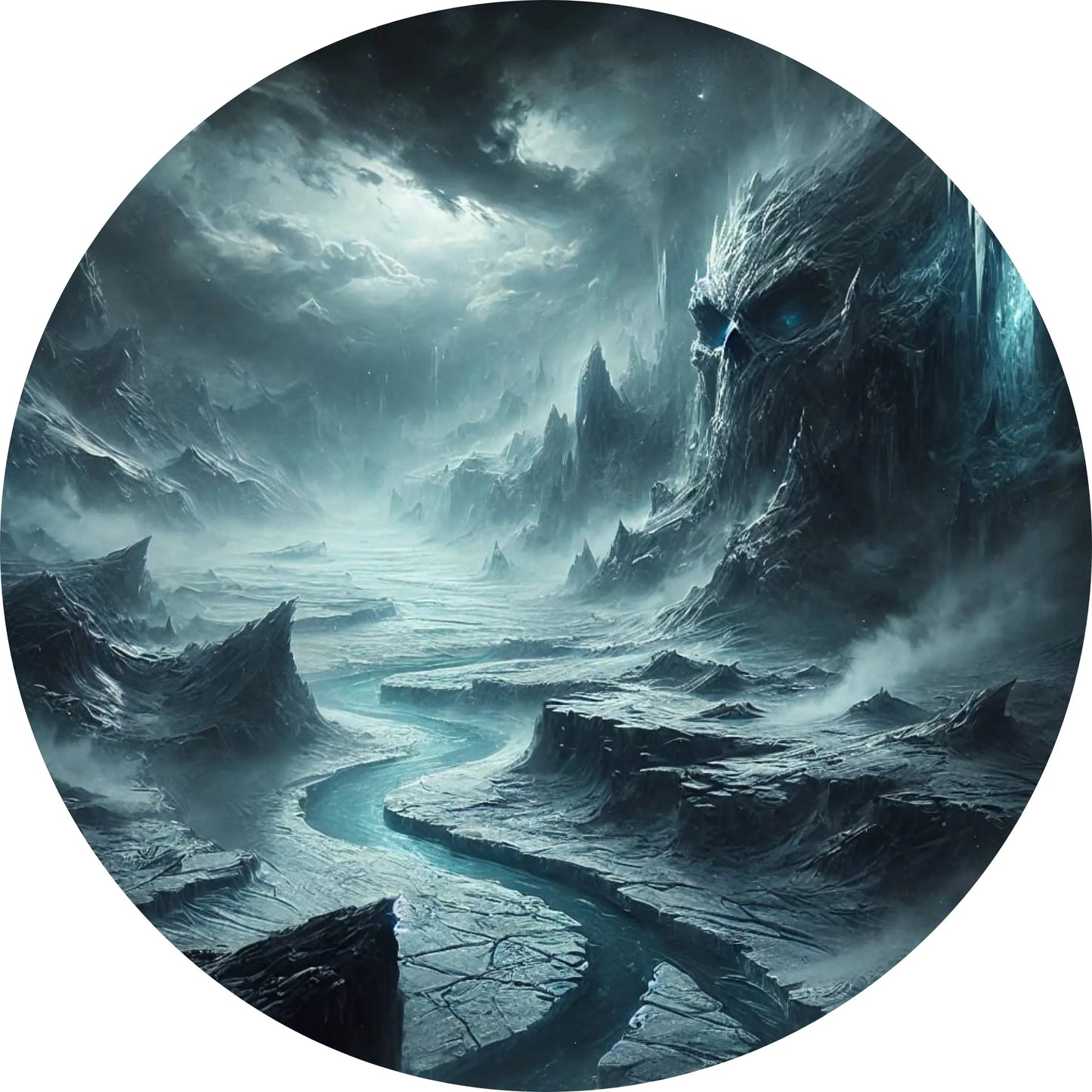 Nordische Gletscherwelt mit einem gefrorenen Fluss – Sinnbild für die raue Natur der neun Reiche.