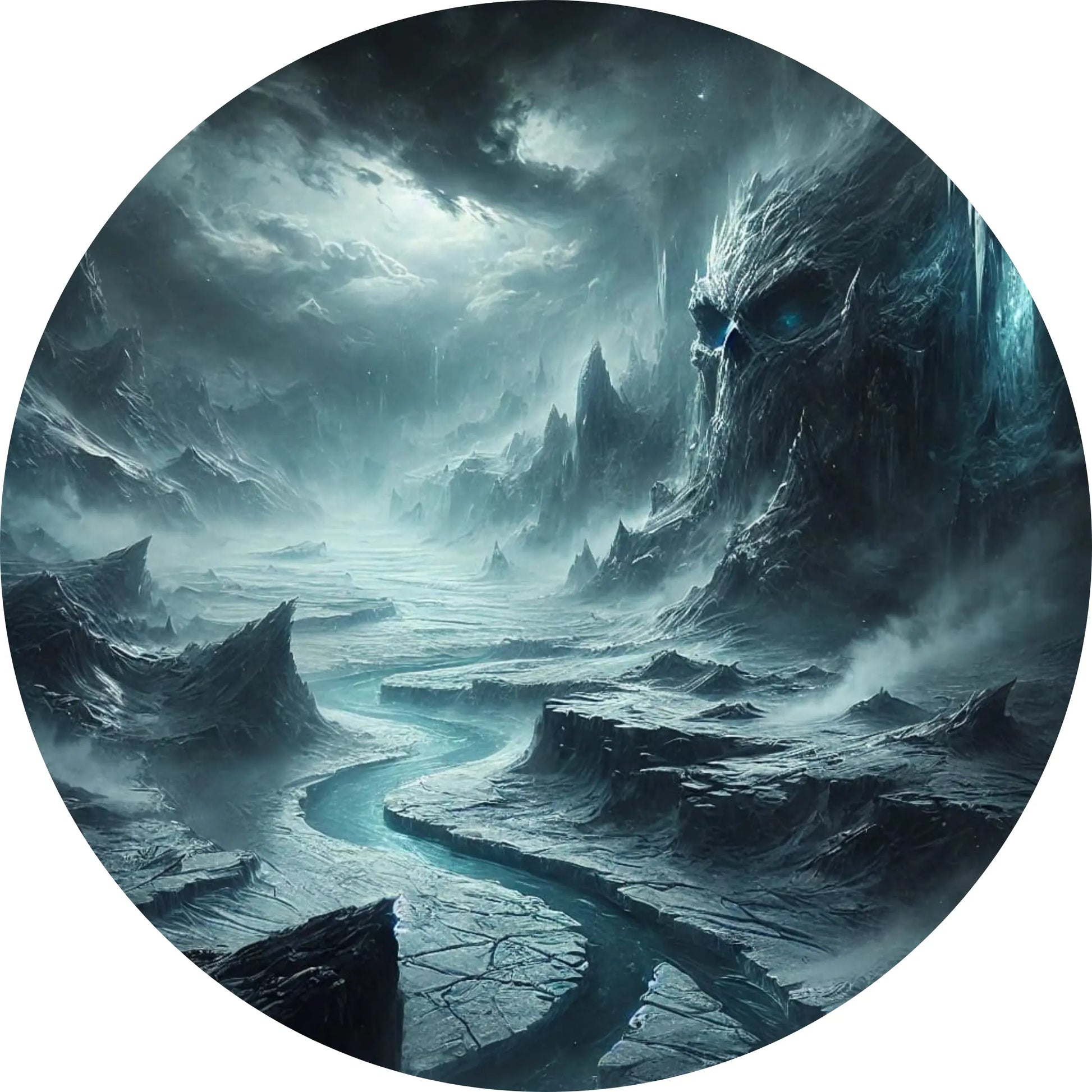 Nordische Gletscherwelt mit einem gefrorenen Fluss – Sinnbild für die raue Natur der neun Reiche.