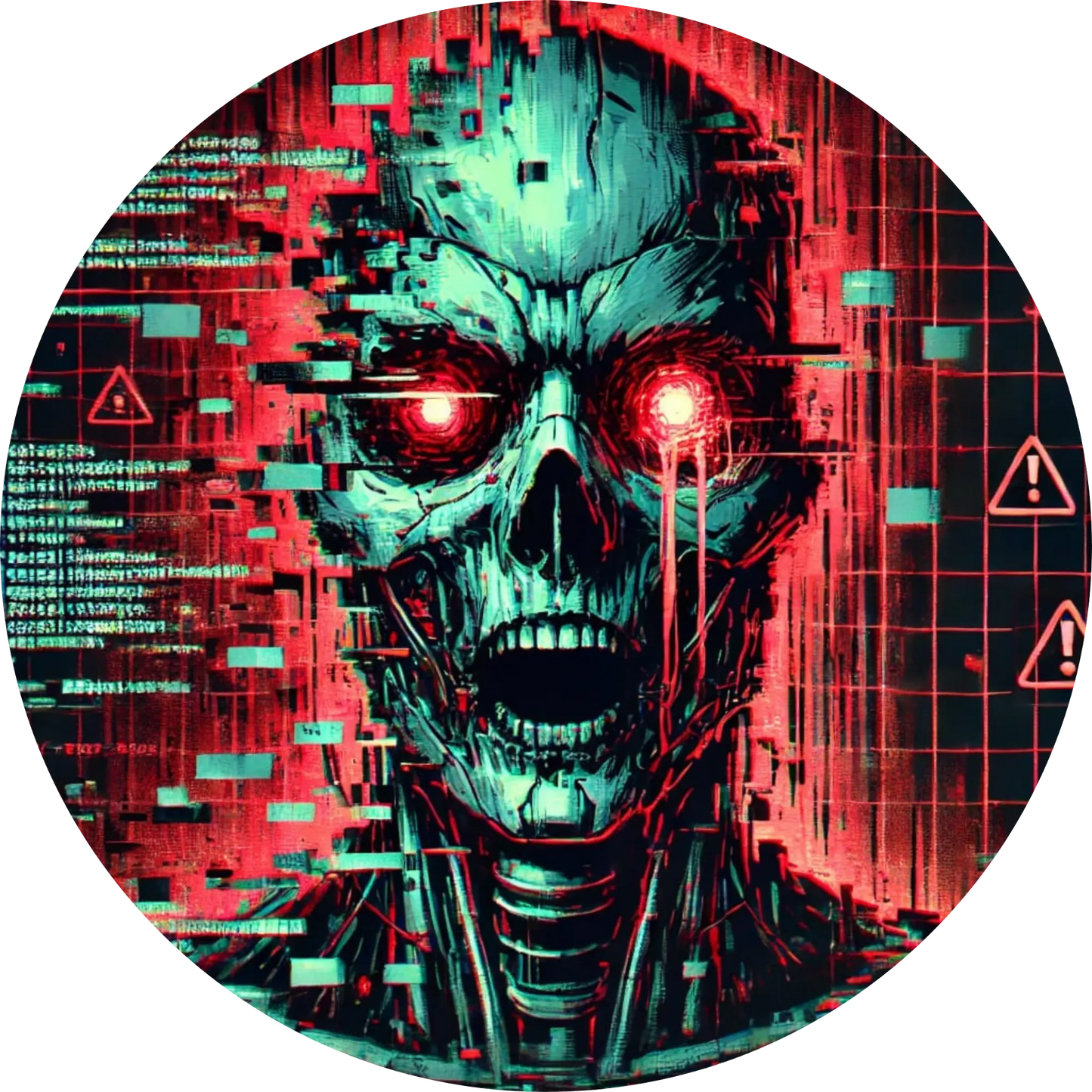 Cyborg-Schädel mit roten Augen und glitch-artigen digitalen Effekten