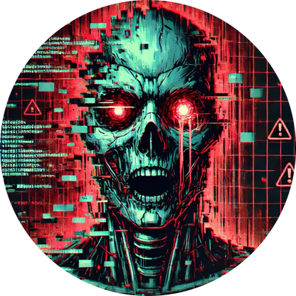 Cyborg-Schädel mit roten Augen und glitch-artigen digitalen Effekten