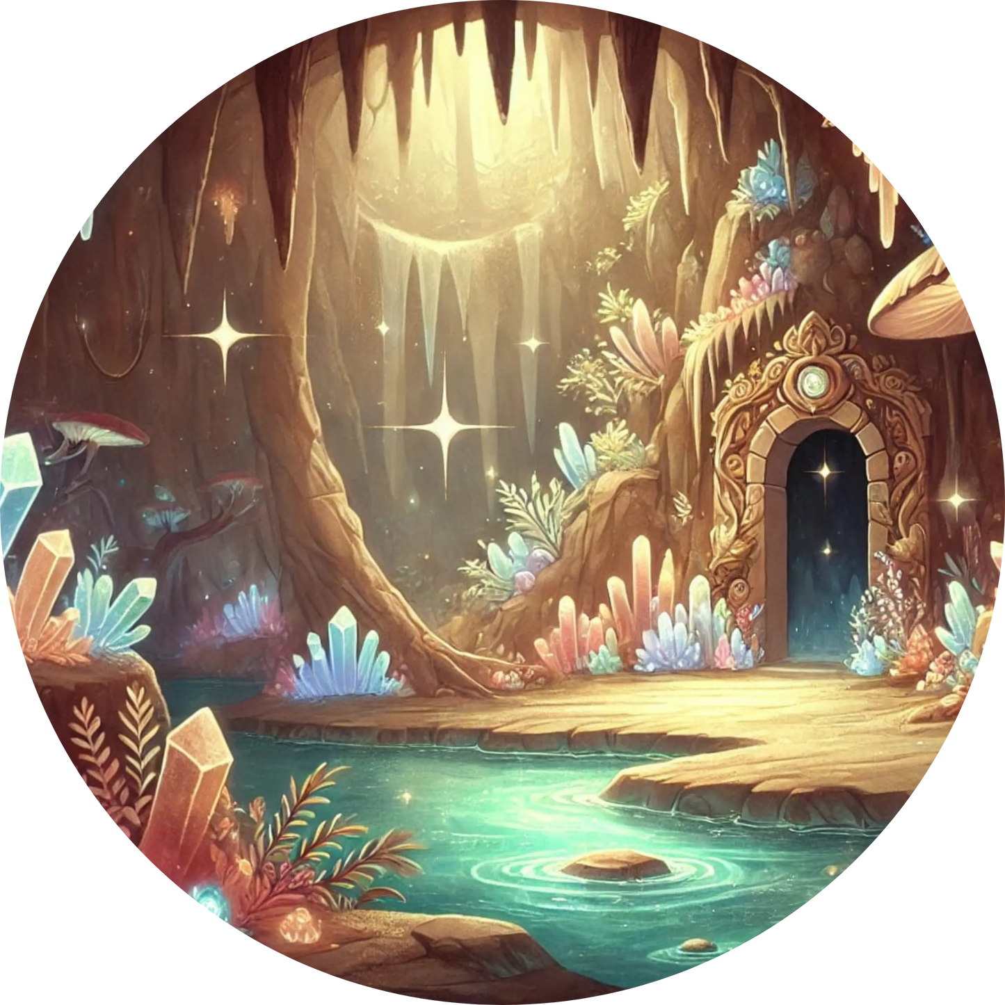 Glitzernde Kristallhöhle mit funkelnden Lichtern und märchenhafter Atmosphäre
