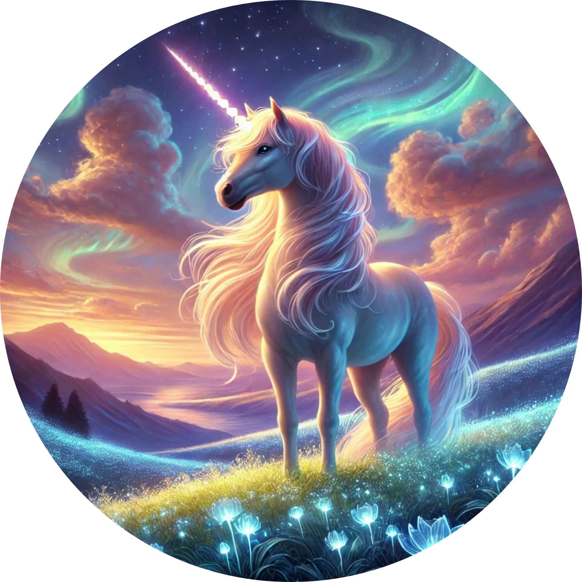 1Goldenes Einhorn mit glänzender Mähne bei Sonnenuntergang
