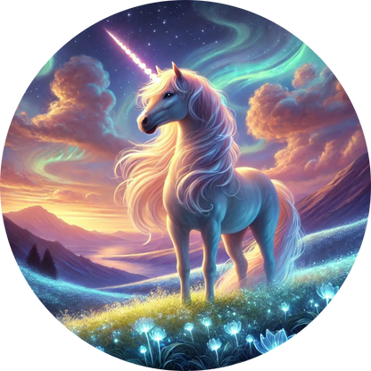 1Goldenes Einhorn mit glänzender Mähne bei Sonnenuntergang
