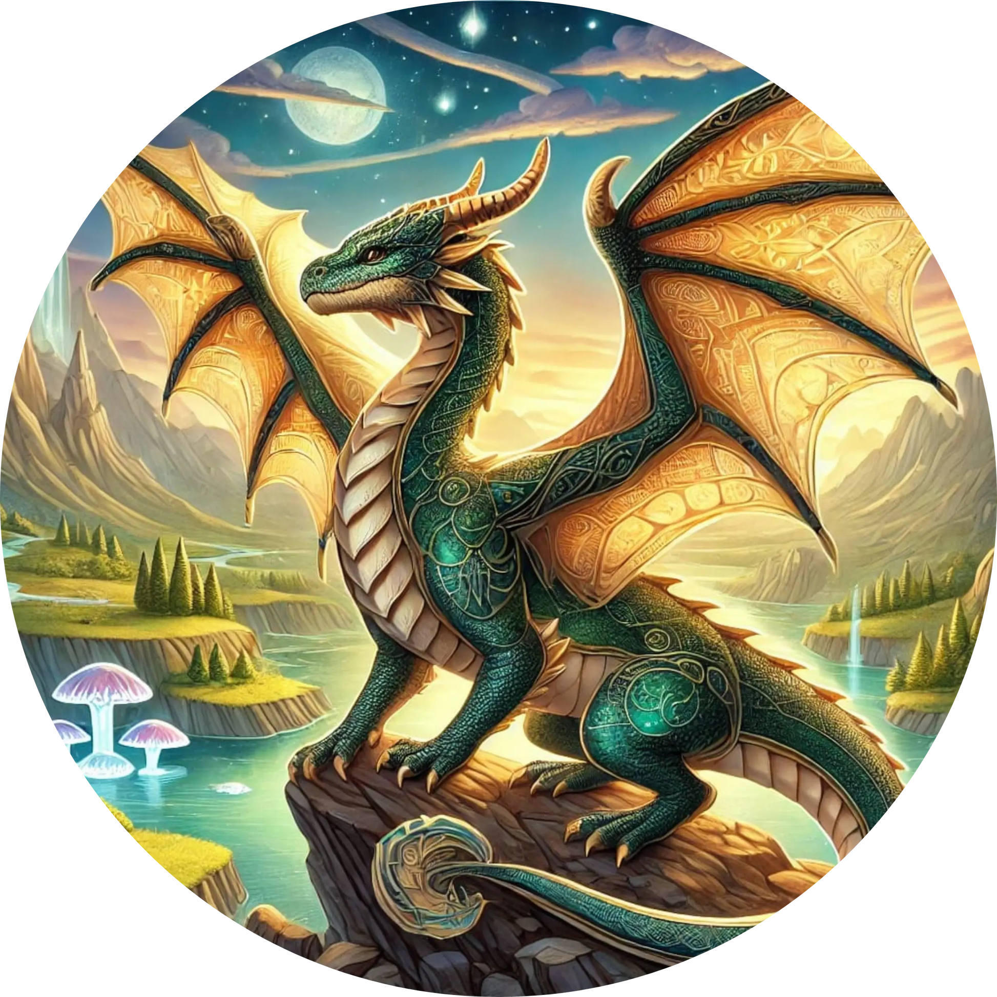 Grüner Drache bewacht ein magisches Felsentor unter Sternenhimmel