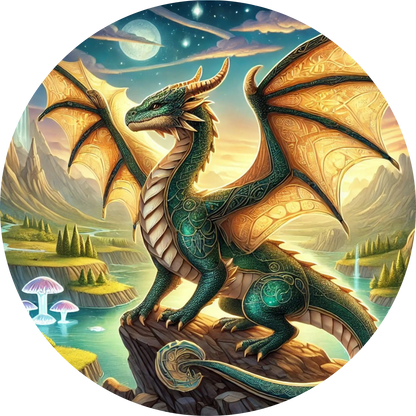 Grüner Drache bewacht ein magisches Felsentor unter Sternenhimmel