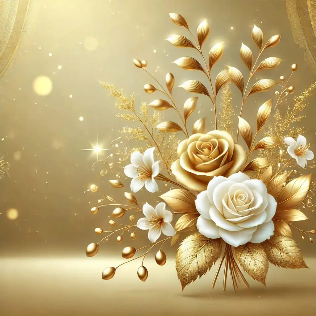 Zwei goldene Trauringe eingebettet in ein goldenes Rosenbouquet – stilvolles Symbol für den Bund der Ehe.