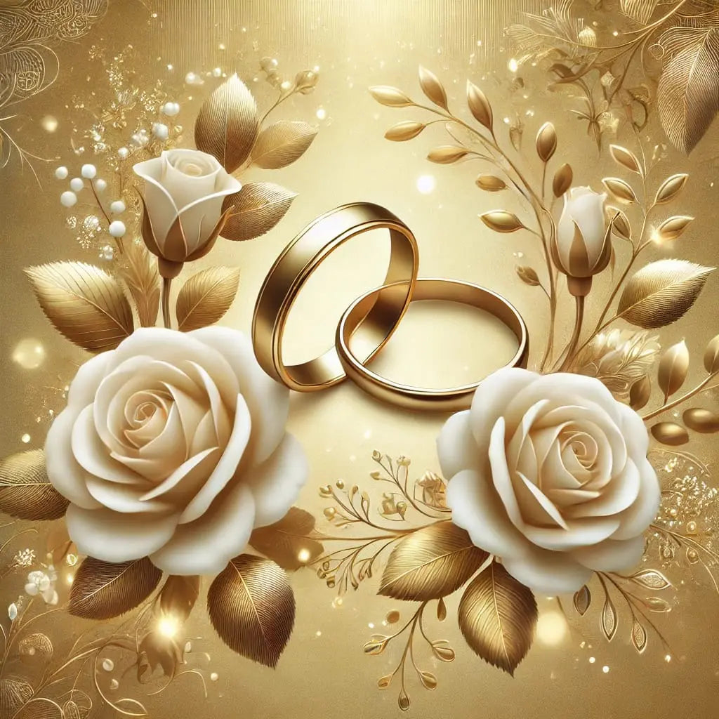 Goldene Rosen und weiße Blüten in luxuriösem Arrangement – festliches Design für Hochzeiten oder Jahrestage.