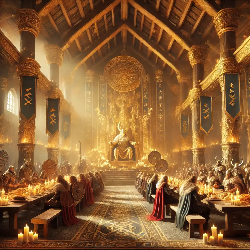 Goldener Festsaal aus der nordischen Mythologie mit opulenter Tischtafel – Im Zentrum thront eine monumentale Statue auf einem erhöhten Podest, flankiert von Wikingerkriegern. Die hohen Säulen sind mit Runenbannern geschmückt, Kerzenlicht taucht die Halle in warmes Licht.