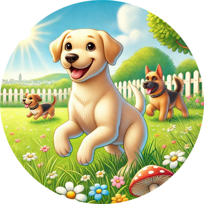 Fröhlicher Golden Retriever mit zwei anderen Hunden auf einer grünen Wiese. Die sonne scheint hell.