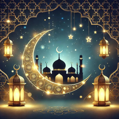 Moschee im goldenen Mondschein – Orientalische Szene mit Halbmond und Moschee im Hintergrund, umgeben von schimmernden Laternen