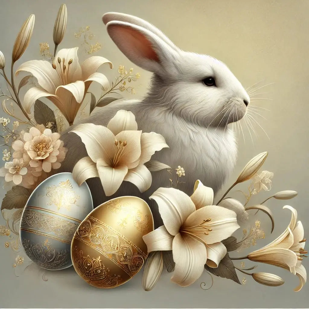 Weißes Kaninchen mit goldenen Eiern und Blütenarrangement, edel und elegant.