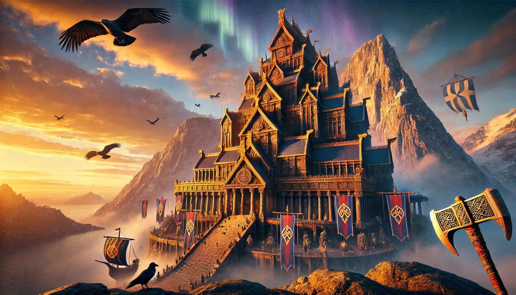 Mächtige goldene Festung am Wasser, von Polarlichtern erleuchtet – mythischer Rückzugsort aus den Legenden des Nordens.