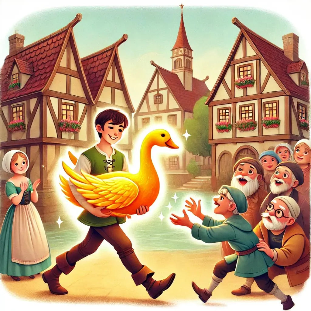 Ein junger Mann trägt die goldene Gans durch ein mittelalterliches Dorf. Die Dorfbewohner freuen sich und feiern.