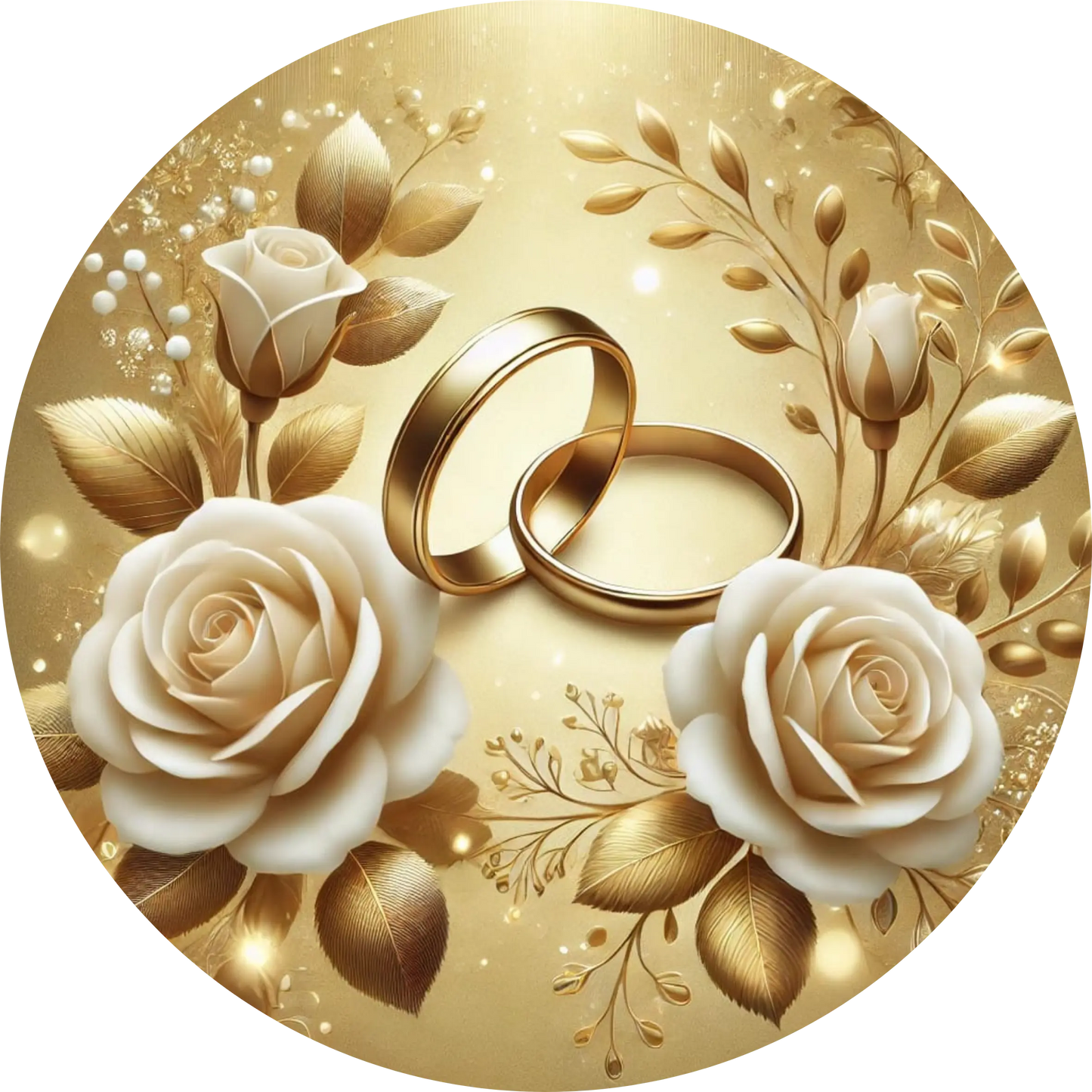 Goldene Eheringe mit Rosen – luxuriöses Hochzeitsmotiv