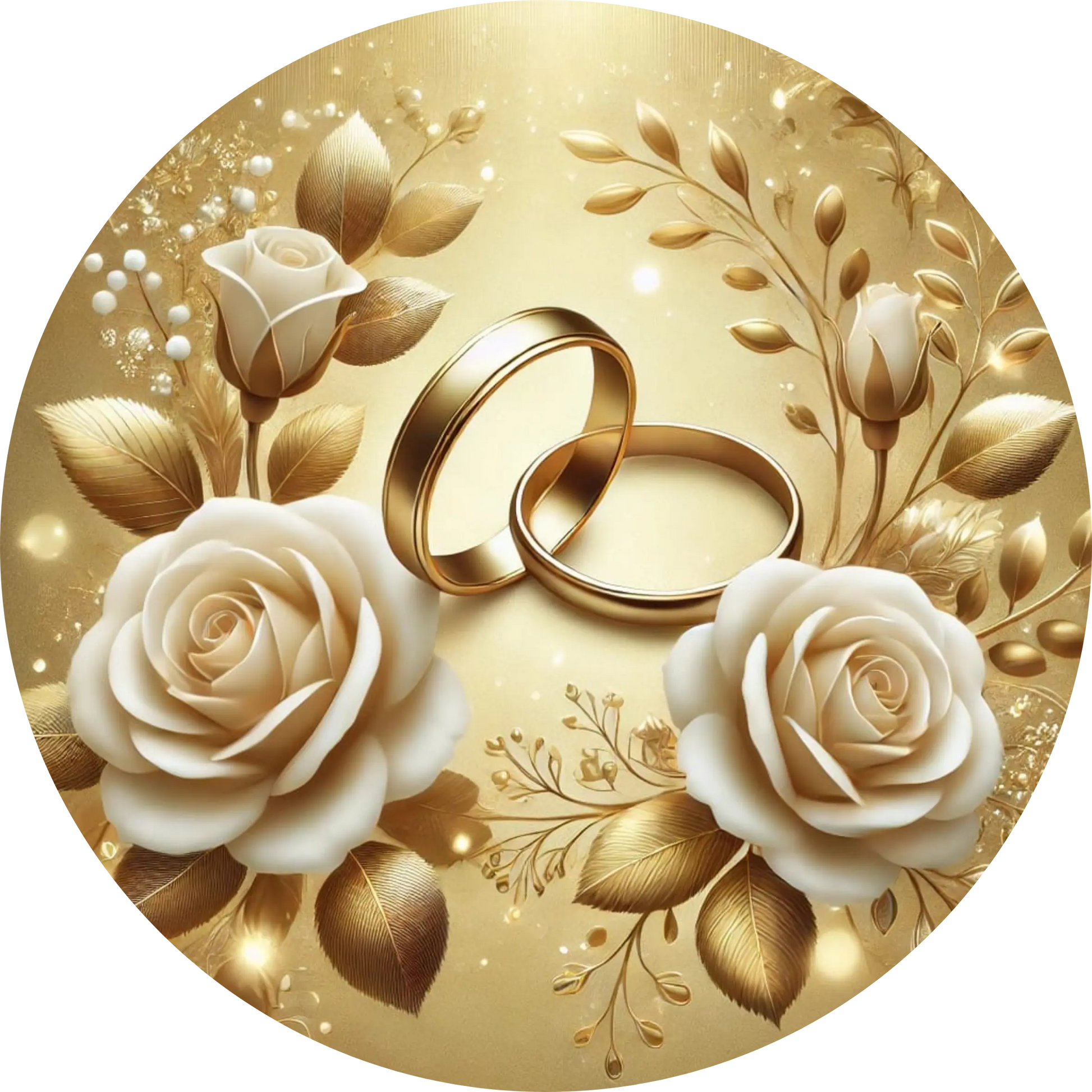 Goldene Eheringe mit Rosen – luxuriöses Hochzeitsmotiv