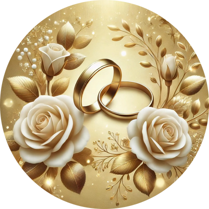 Goldene Eheringe mit Rosen – luxuriöses Hochzeitsmotiv