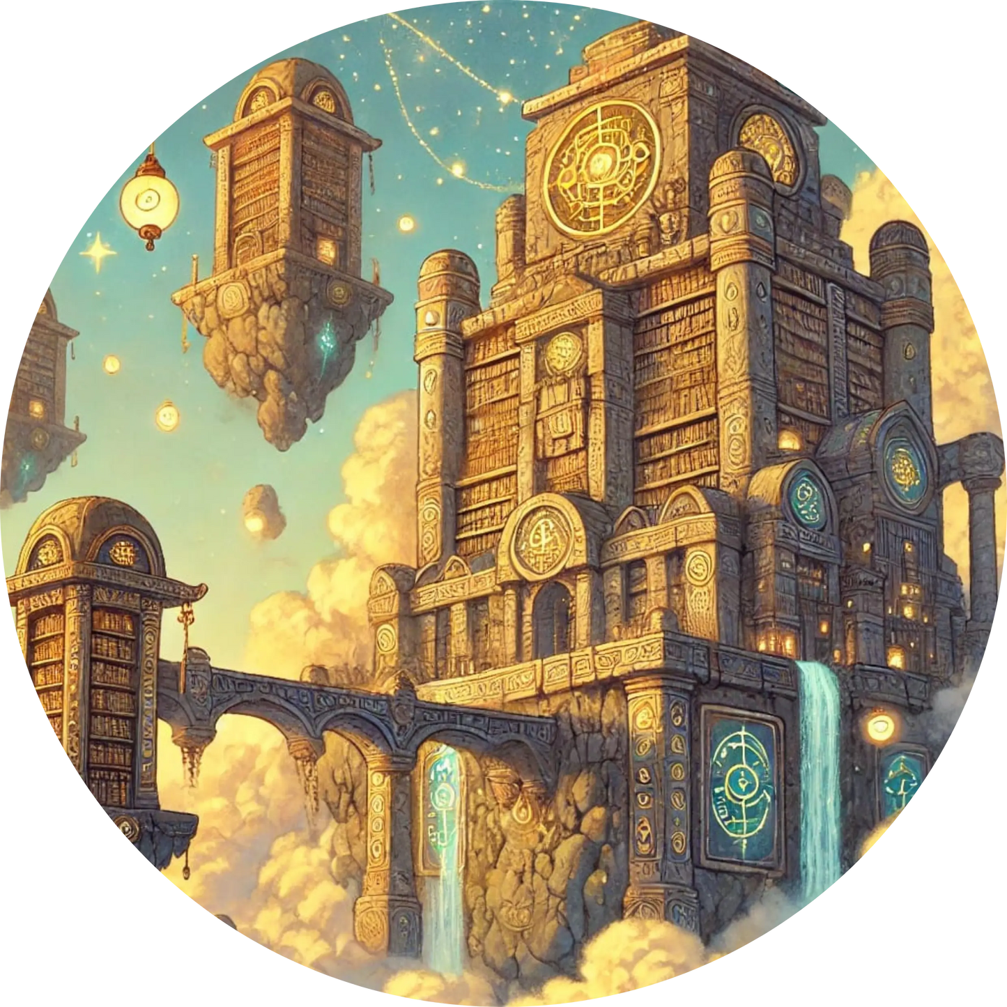 Goldene Stadt mit schwebenden Plattformen bei Abendlicht