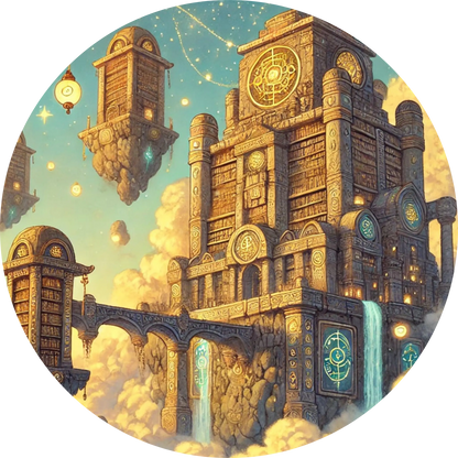 Goldene Stadt mit schwebenden Plattformen bei Abendlicht