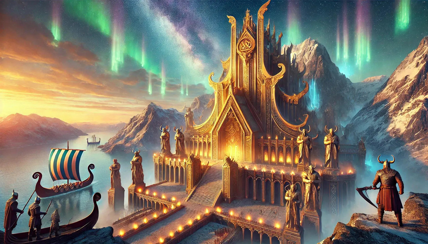 Erhabene Stadt aus Gold mit nordischem Baustil, beleuchtet von Polarlichtern – Bild einer göttlichen Heimat in harmonischer Magie.