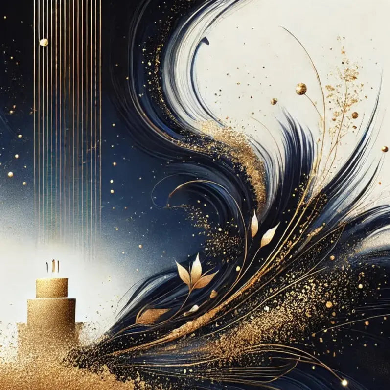 Elegantes Design mit goldenen Wirbeln und stilisiertem Kuchen – glamouröser Hintergrund für festliche Anlässe