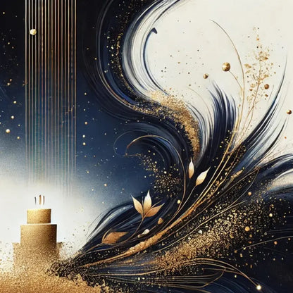 Elegantes Design mit goldenen Wirbeln und stilisiertem Kuchen – glamouröser Hintergrund für festliche Anlässe