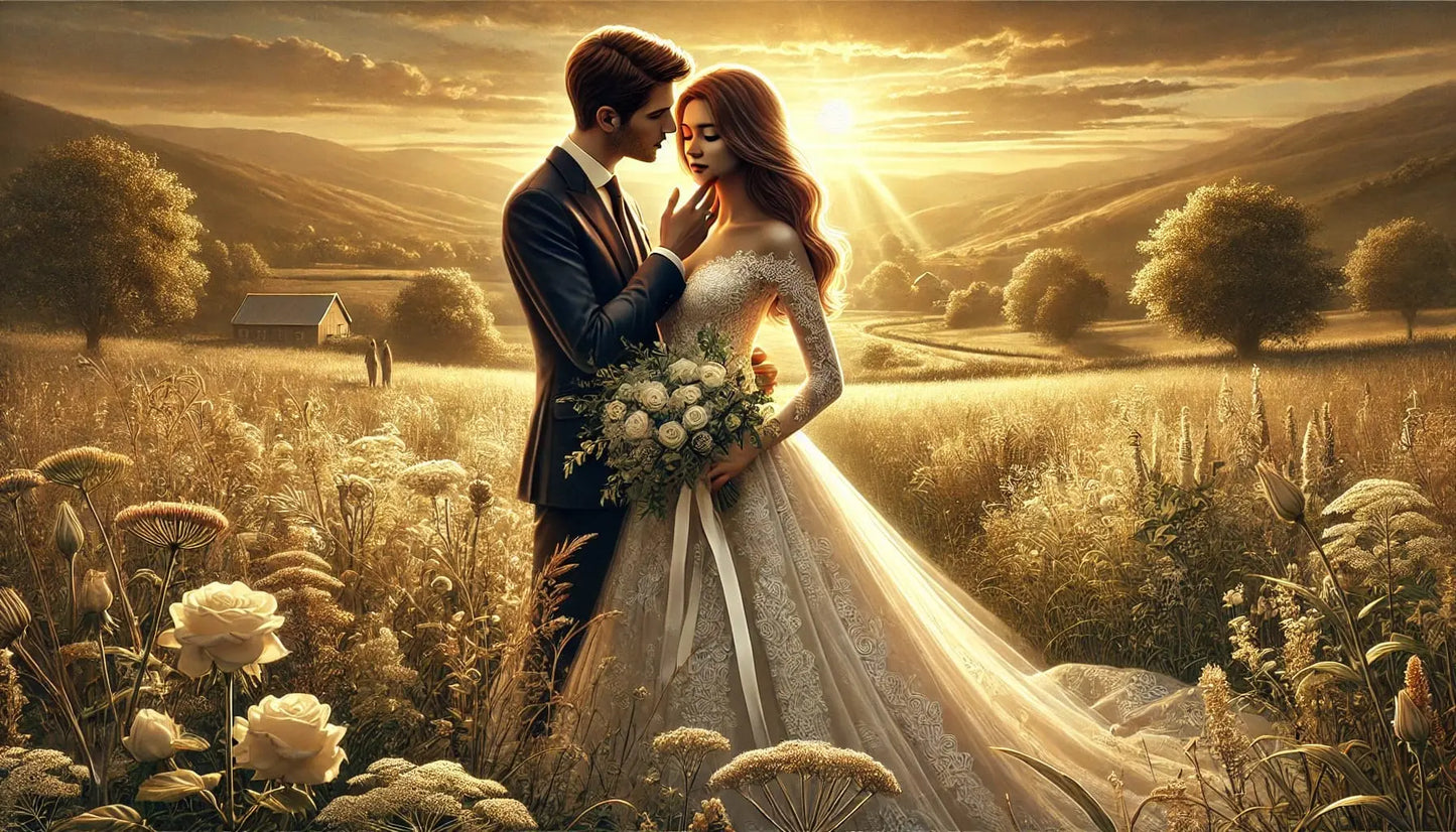 Elegantes Brautpaar in einem goldenen Sonnenuntergang auf einer wild blühenden Wiese mit weißen Rosen.