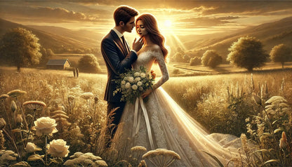 Elegantes Brautpaar in einem goldenen Sonnenuntergang auf einer wild blühenden Wiese mit weißen Rosen.