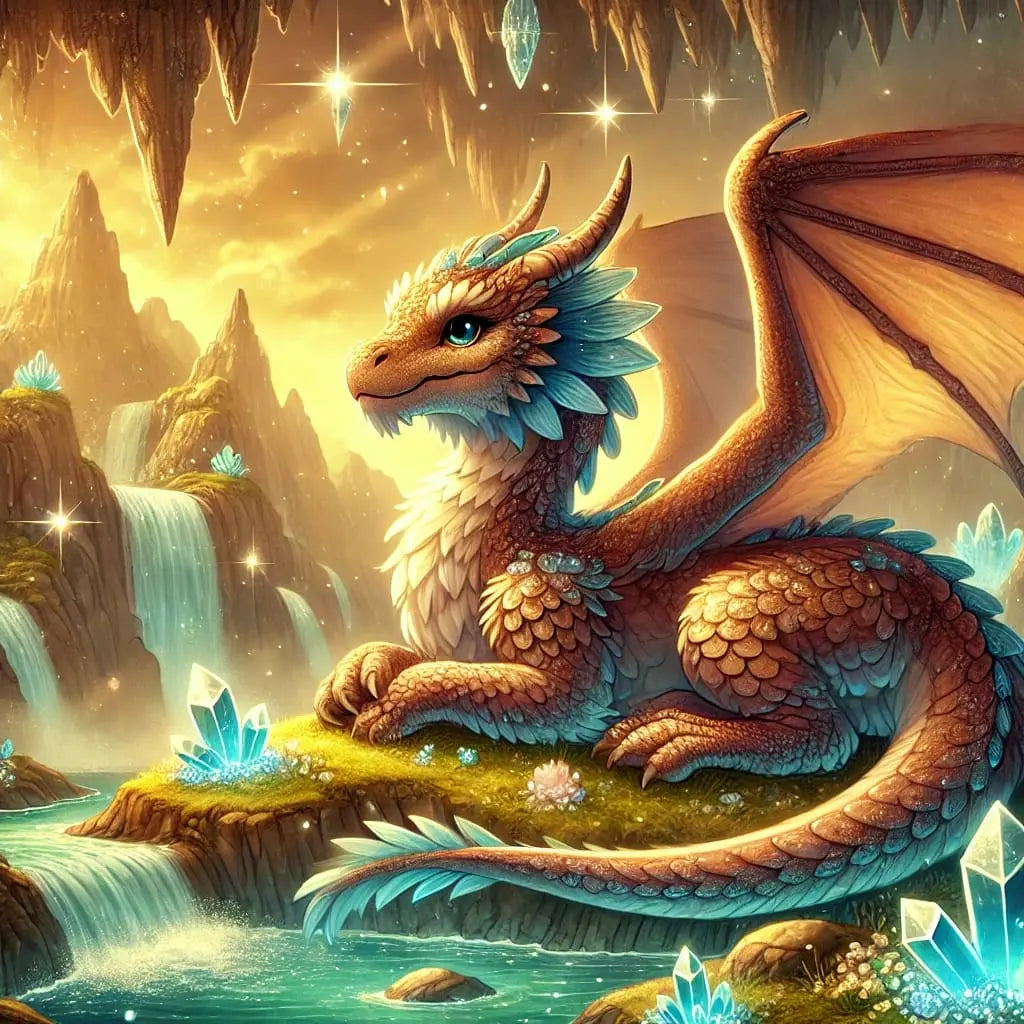 Goldener Drache mit Schuppenpanzer in leuchtender Höhle