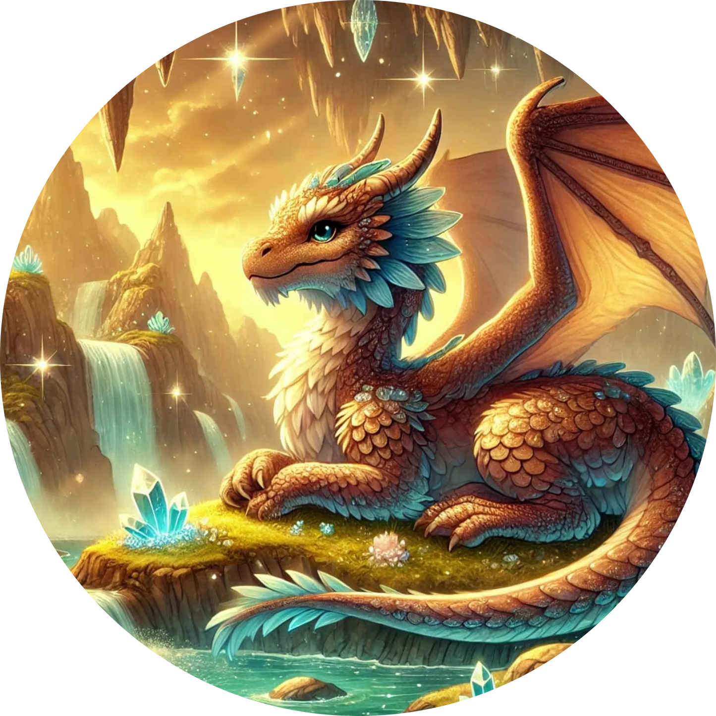 Goldener Drache auf Schatztruhe in prunkvoller Burg
