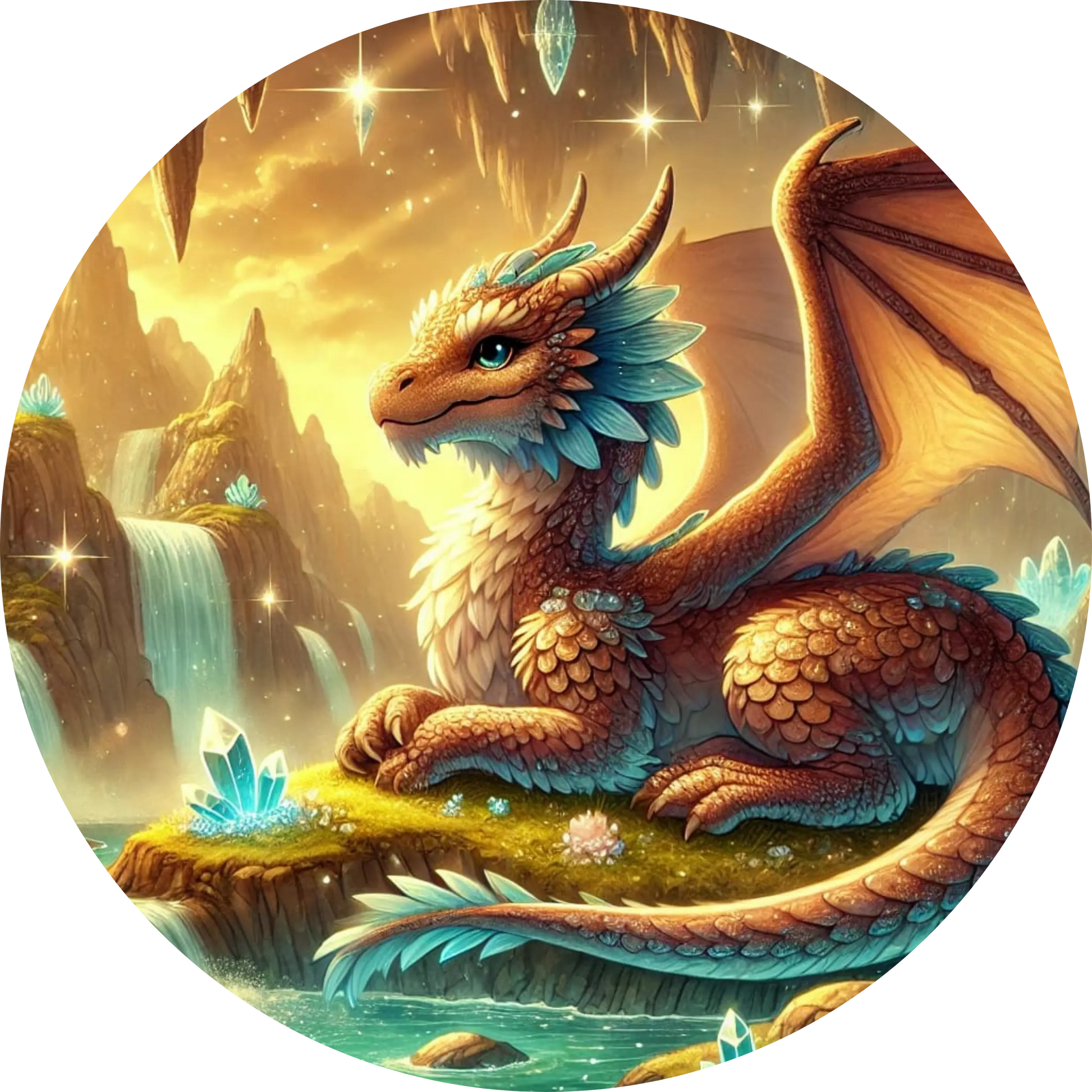 Goldener Drache auf Schatztruhe in prunkvoller Burg
