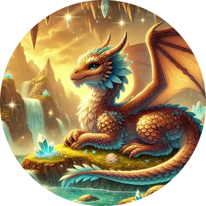 Goldener Drache auf Schatztruhe in prunkvoller Burg
