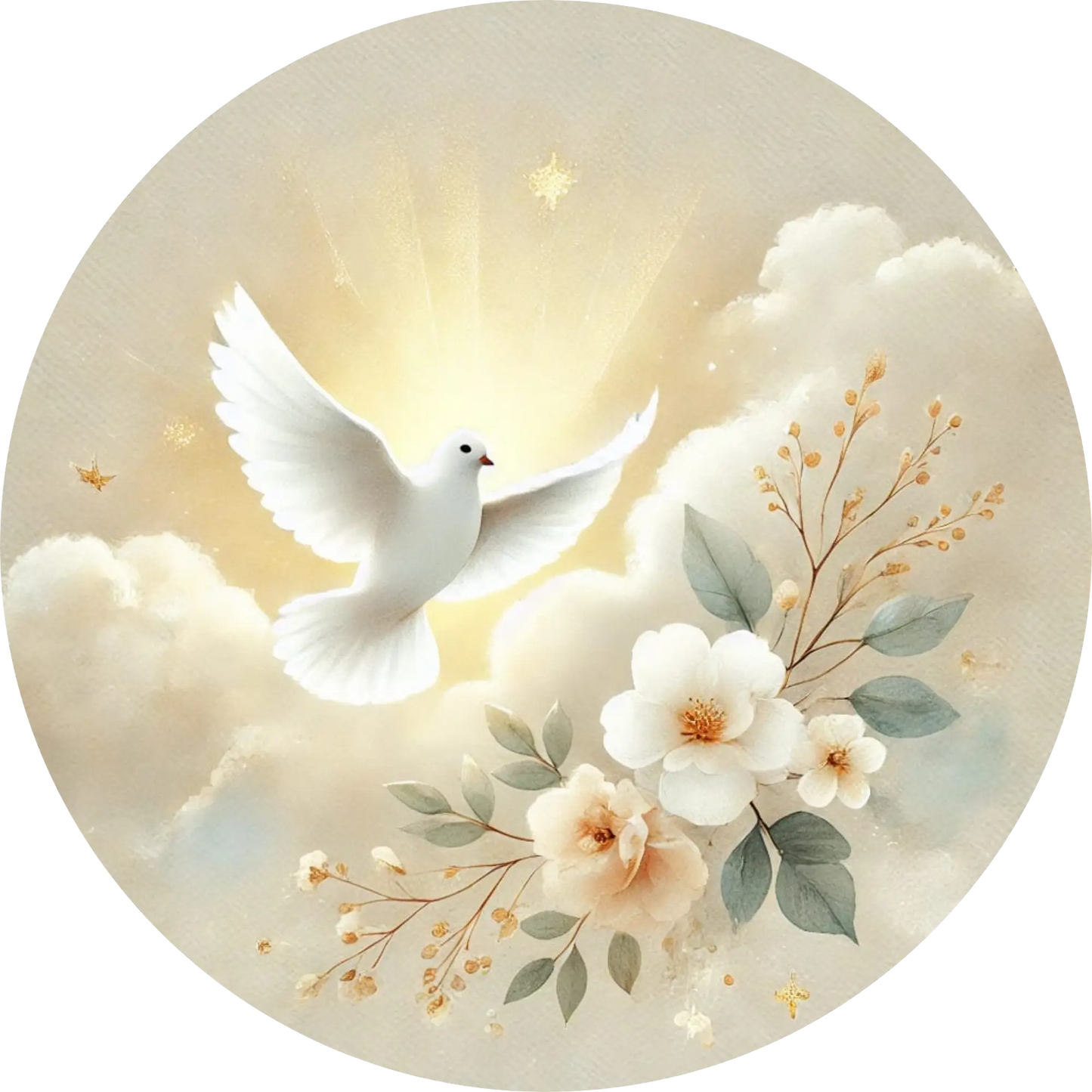 Taube mit Blumen schwebend vor Wolken und einem goldenen Glanz